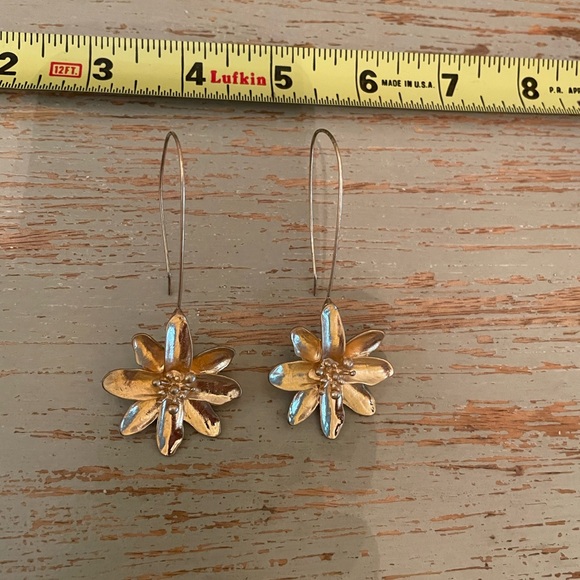 Golden Wire Hooks Suspended Flower Blossoms Matte Gold Tone Statement Earrings - Picture 10 of 10